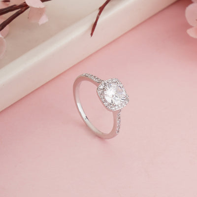 Silver Plated Square Halo Cubic Zirconia Solitaire Ring, Cushion Cut Engagement Ring - Second Image