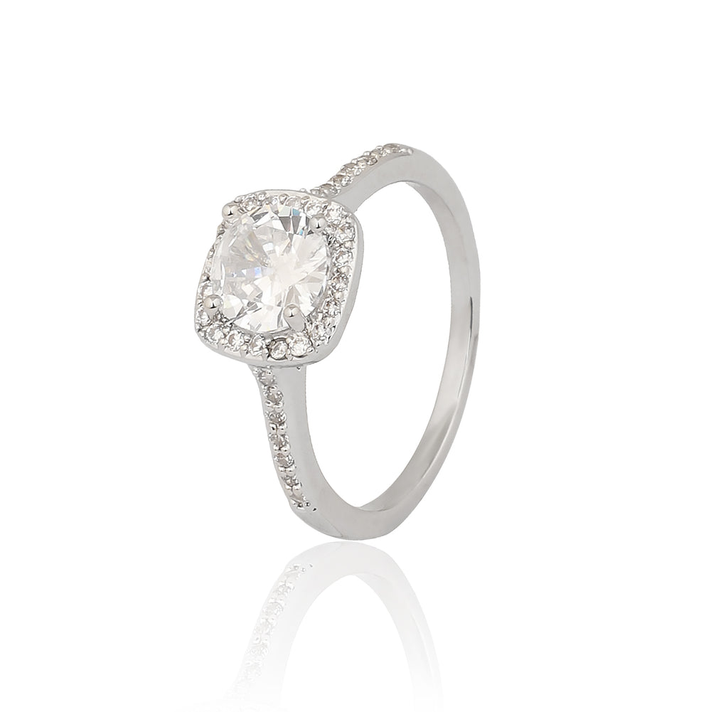 Silver Plated Square Halo Cubic Zirconia Solitaire Ring, Cushion Cut Engagement Ring