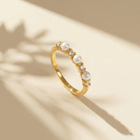 Gold Plated Faux Pearl and Zircon Alternating Ring, Dainty Wedding Band