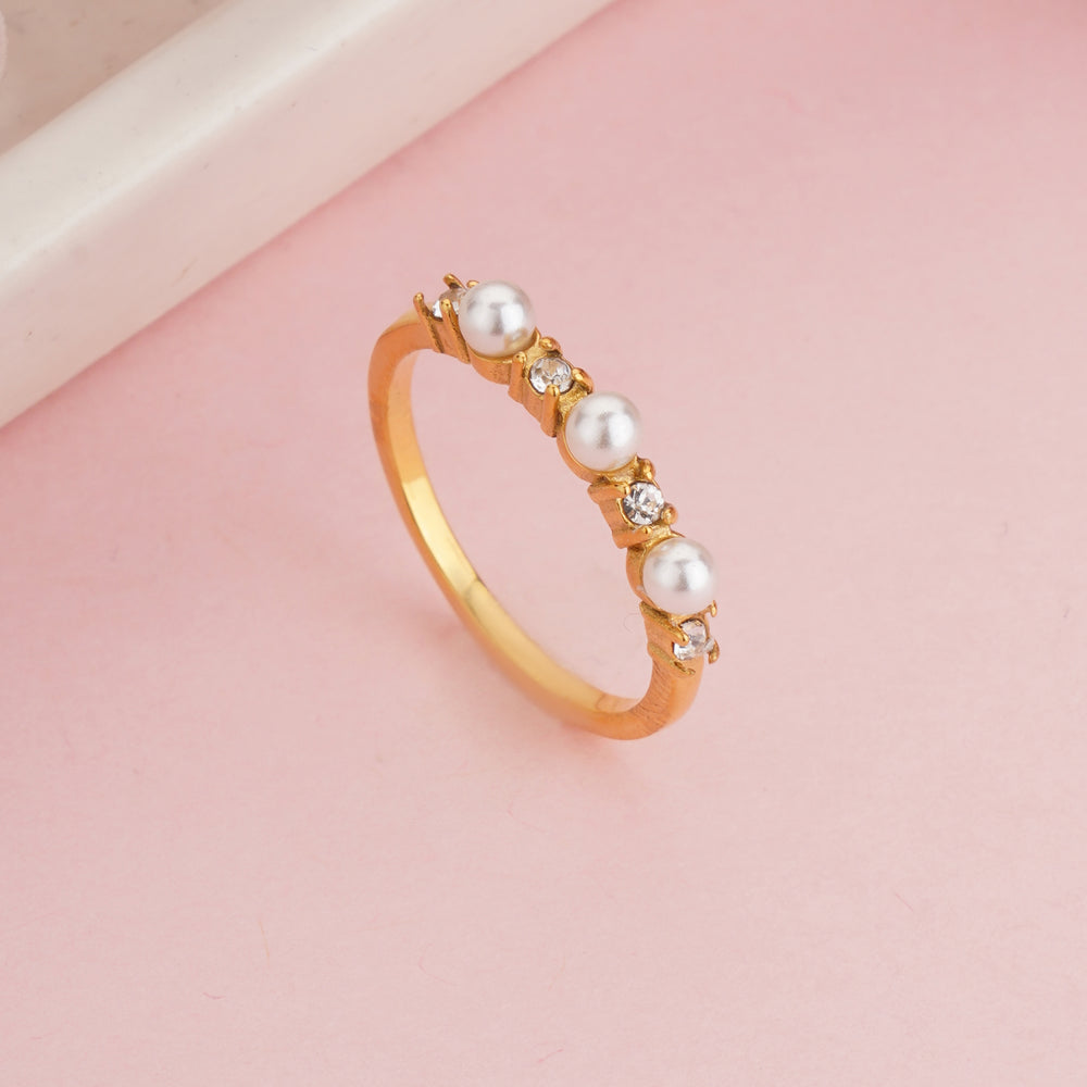 Gold Plated Faux Pearl and Zircon Alternating Ring, Dainty Wedding Band