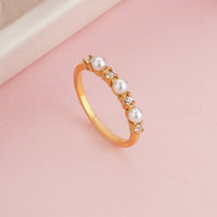 Gold Plated Faux Pearl and Zircon Alternating Ring, Dainty Wedding Band