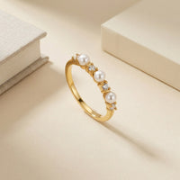 Gold Plated Faux Pearl and Zircon Alternating Ring, Dainty Wedding Band