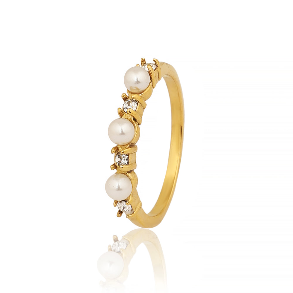 Gold Plated Faux Pearl and Zircon Alternating Ring, Dainty Wedding Band