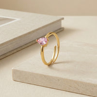 Gold Plated Pink Zircon Pear Cut Adjustable Ring, Dainty Teardrop Solitaire Ring