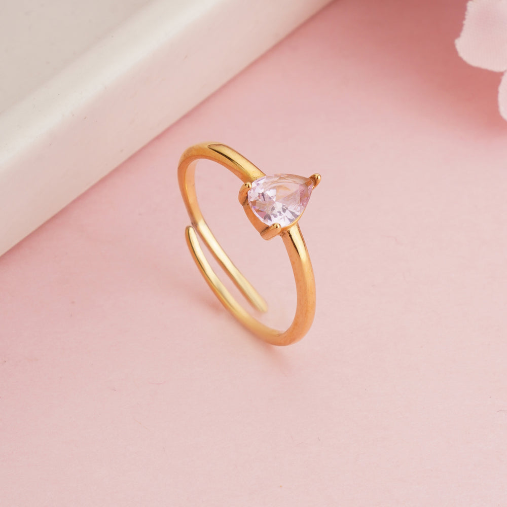 Gold Plated Pink Zircon Pear Cut Adjustable Ring, Dainty Teardrop Solitaire Ring