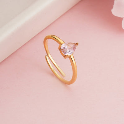Gold Plated Pink Zircon Pear Cut Adjustable Ring, Dainty Teardrop Solitaire Ring - Second Image