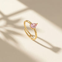 Gold Plated Pink Zircon Pear Cut Adjustable Ring, Dainty Teardrop Solitaire Ring