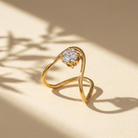 Gold Plated Abstract Wave Solitaire Ring, Unique V-Shape Wishbone Zircon Ring