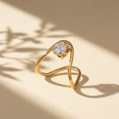 Gold Plated Abstract Wave Solitaire Ring, Unique V-Shape Wishbone Zircon Ring