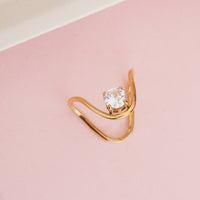 Gold Plated Abstract Wave Solitaire Ring, Unique V-Shape Wishbone Zircon Ring