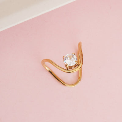 Gold Plated Abstract Wave Solitaire Ring, Unique V-Shape Wishbone Zircon Ring - Second Image