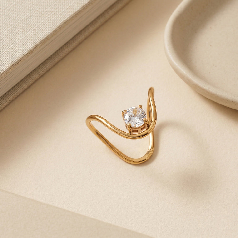Gold Plated Abstract Wave Solitaire Ring, Unique V-Shape Wishbone Zircon Ring