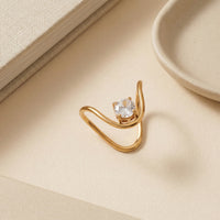 Gold Plated Abstract Wave Solitaire Ring, Unique V-Shape Wishbone Zircon Ring