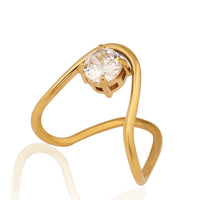 Gold Plated Abstract Wave Solitaire Ring, Unique V-Shape Wishbone Zircon Ring