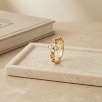 Gold Plated Clover Flower Chain Ring, Cubic Zirconia Link Band Ring