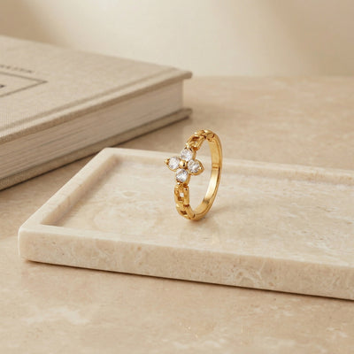 Gold Plated Clover Flower Chain Ring, Cubic Zirconia Link Band Ring