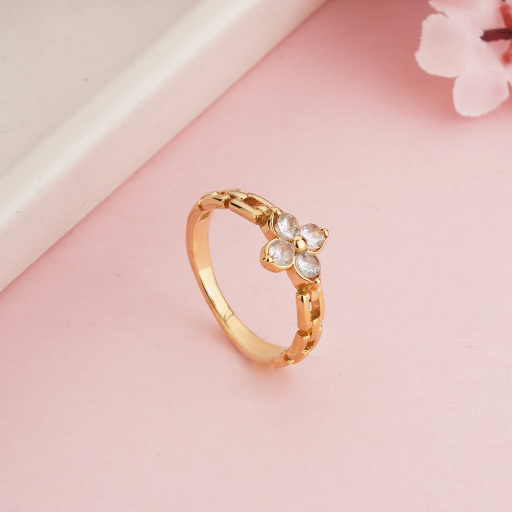 Gold Plated Clover Flower Chain Ring, Cubic Zirconia Link Band Ring