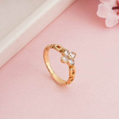 Gold Plated Clover Flower Chain Ring, Cubic Zirconia Link Band Ring - Second Image
