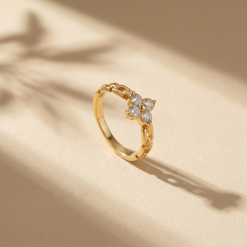 Gold Plated Clover Flower Chain Ring, Cubic Zirconia Link Band Ring
