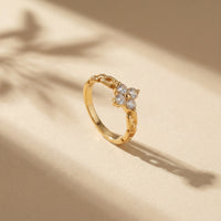 Gold Plated Clover Flower Chain Ring, Cubic Zirconia Link Band Ring