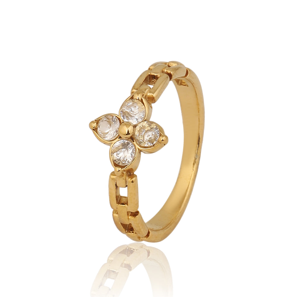Gold Plated Clover Flower Chain Ring, Cubic Zirconia Link Band Ring
