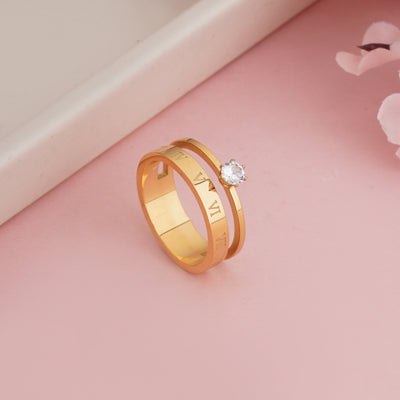 Gold Plated Roman Numeral Double Layer Ring, Stackable Zircon Band Ring - Second Image