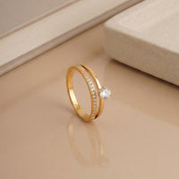 Gold Plated Twin Row Solitaire Ring, Pave Set Zircon Double Band Ring
