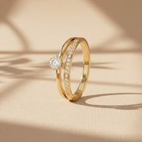 Gold Plated Twin Row Solitaire Ring, Pave Set Zircon Double Band Ring