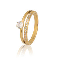 Gold Plated Twin Row Solitaire Ring, Pave Set Zircon Double Band Ring
