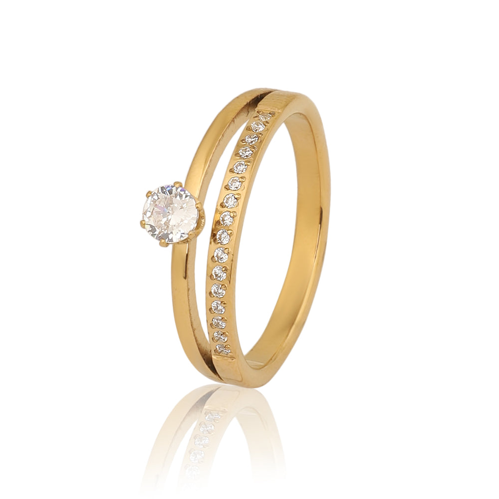Gold Plated Twin Row Solitaire Ring, Pave Set Zircon Double Band Ring