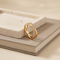 Gold Plated Criss-Cross Infinity Ring, X-Shape Pave Zircon Statement Ring