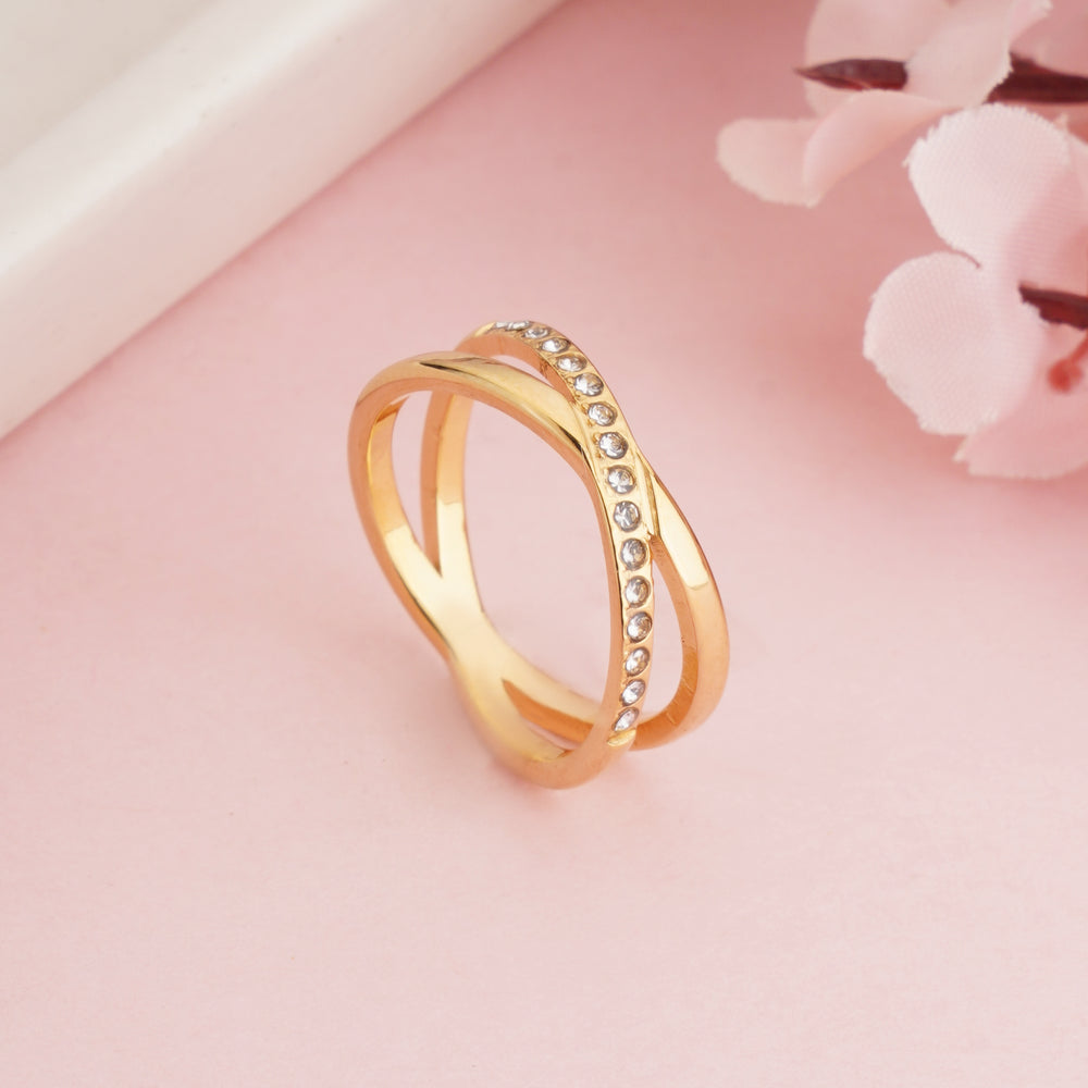 Gold Plated Criss-Cross Infinity Ring, X-Shape Pave Zircon Statement Ring