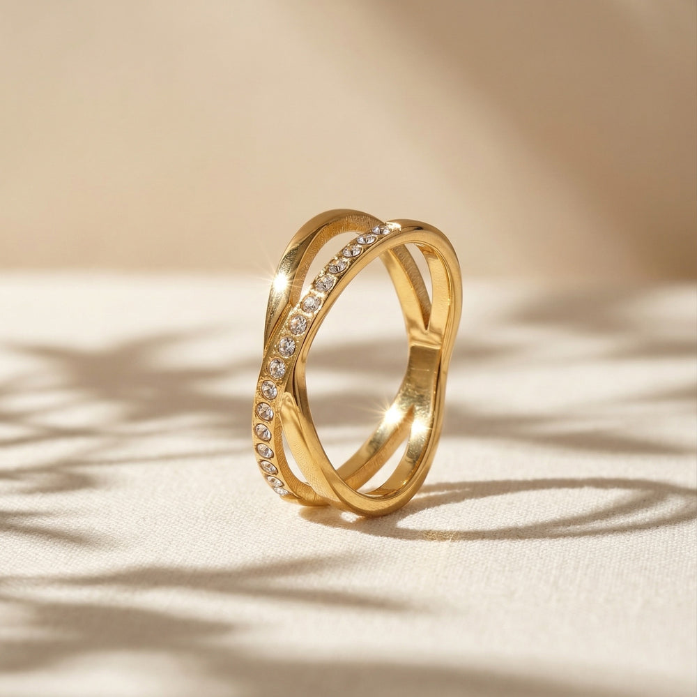 Gold Plated Criss-Cross Infinity Ring, X-Shape Pave Zircon Statement Ring