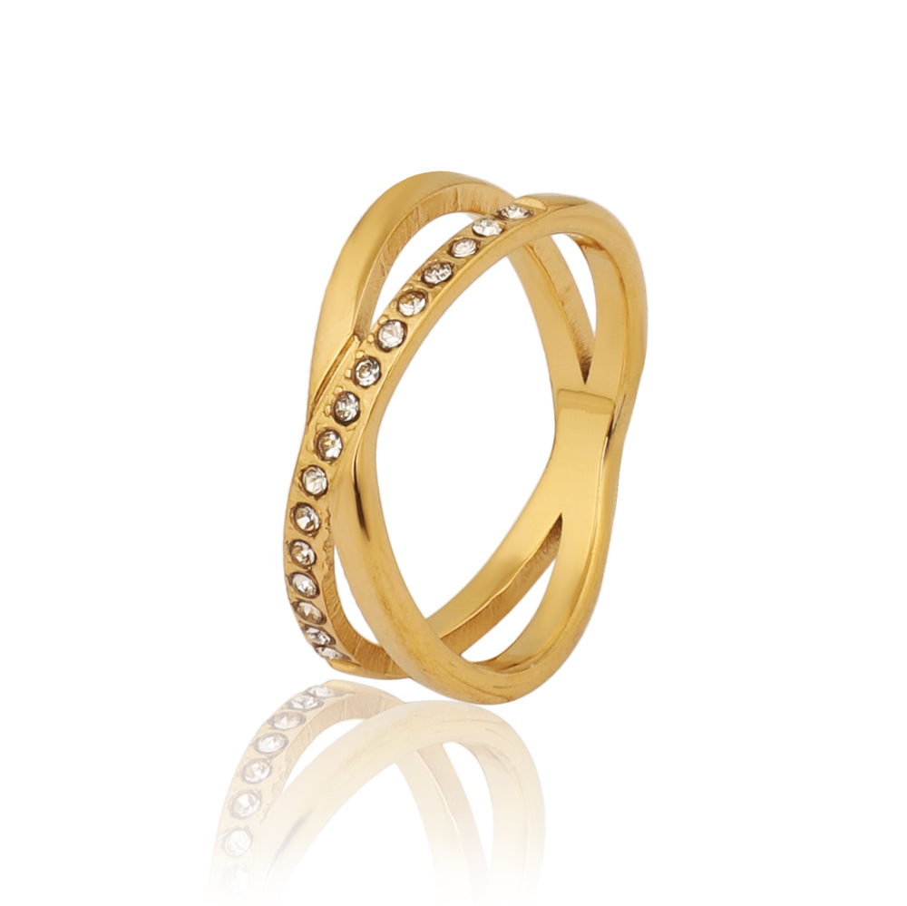 Gold Plated Criss-Cross Infinity Ring, X-Shape Pave Zircon Statement Ring