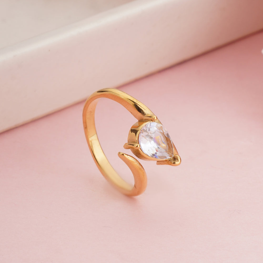 Gold Plated Pear Cut Teardrop Bypass Ring, Minimalist Zircon Open Cuff Ring