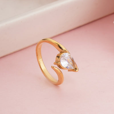 Gold Plated Pear Cut Teardrop Bypass Ring, Minimalist Zircon Open Cuff Ring - Second Image