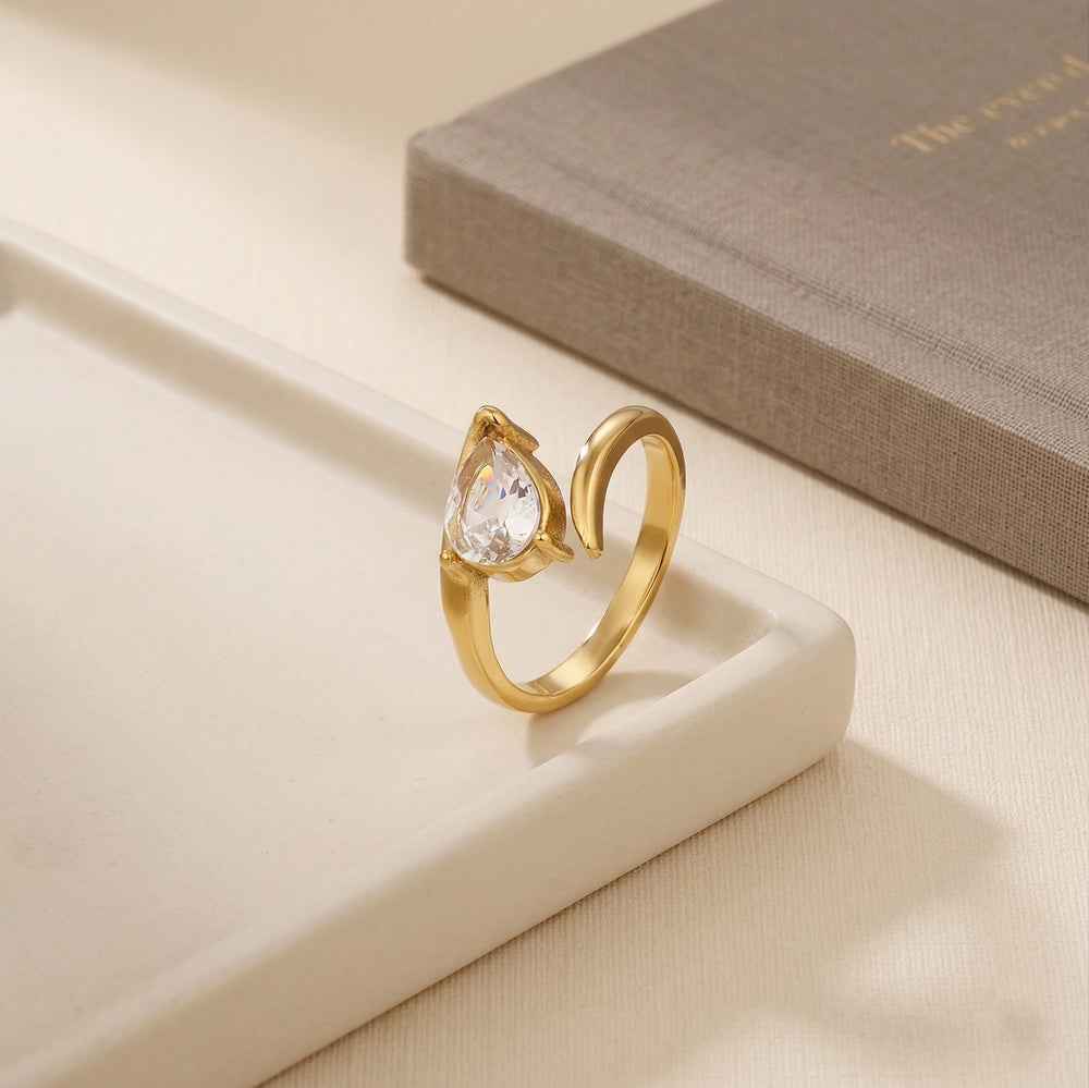 Gold Plated Pear Cut Teardrop Bypass Ring, Minimalist Zircon Open Cuff Ring