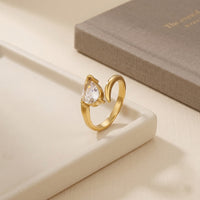 Gold Plated Pear Cut Teardrop Bypass Ring, Minimalist Zircon Open Cuff Ring
