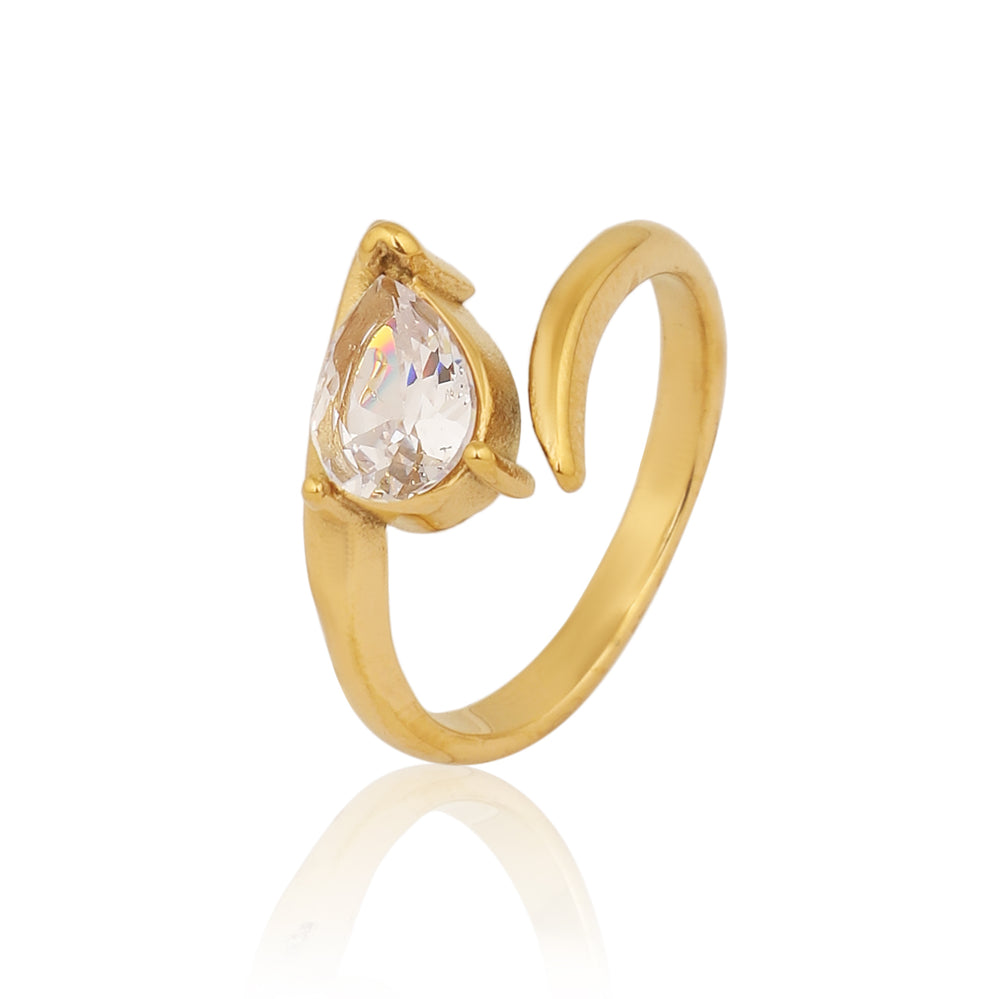 Gold Plated Pear Cut Teardrop Bypass Ring, Minimalist Zircon Open Cuff Ring