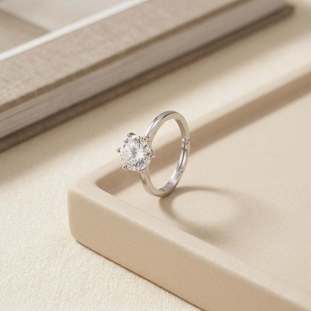 Silver Plated 6-Prong Round Cut Solitaire Ring, Classic Cubic Zirconia