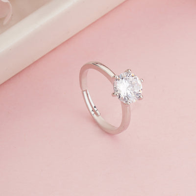 Silver Plated 6-Prong Round Cut Solitaire Ring, Classic Cubic Zirconia - Second Image