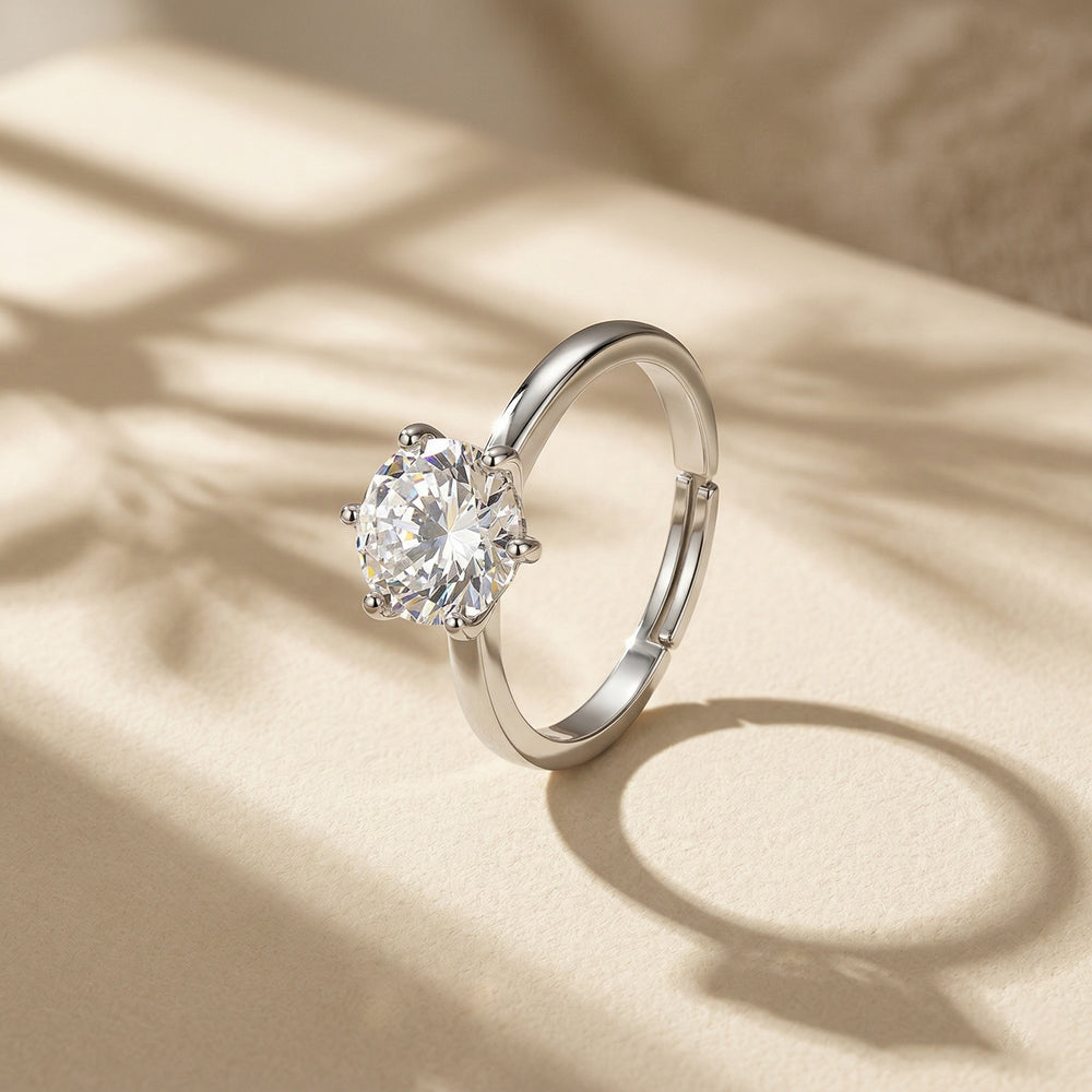 Silver Plated 6-Prong Round Cut Solitaire Ring, Classic Cubic Zirconia