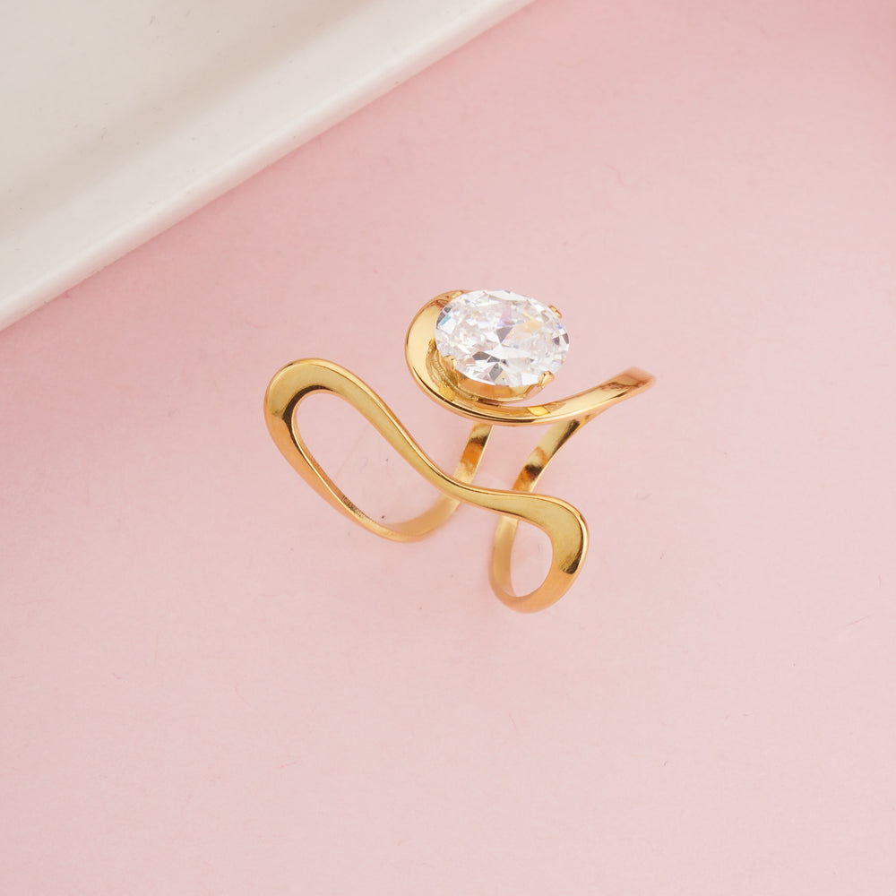 Gold Plated Infinite Loop Statement Ring, Bold Geometric Zircon Solitaire Ring