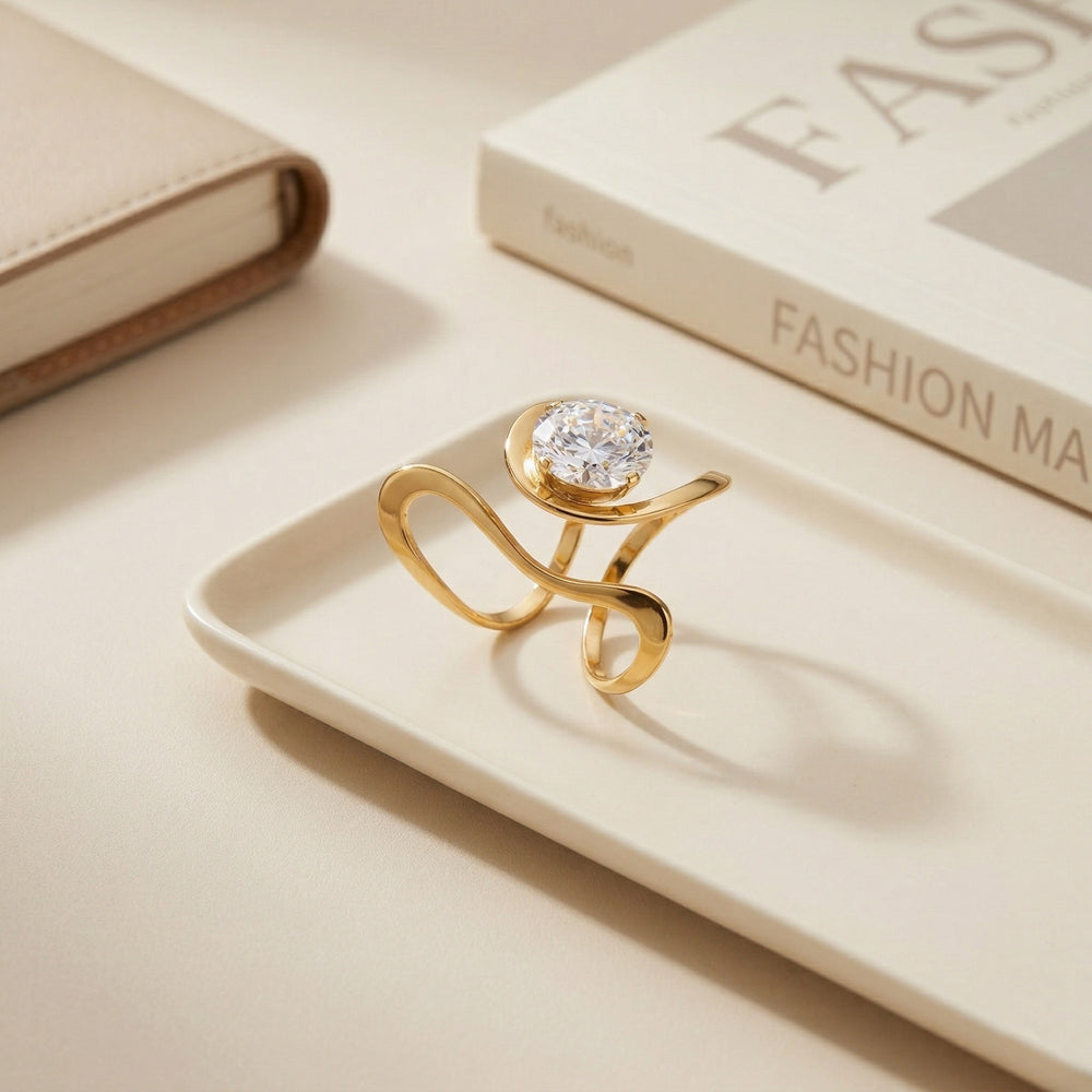 Gold Plated Infinite Loop Statement Ring, Bold Geometric Zircon Solitaire Ring