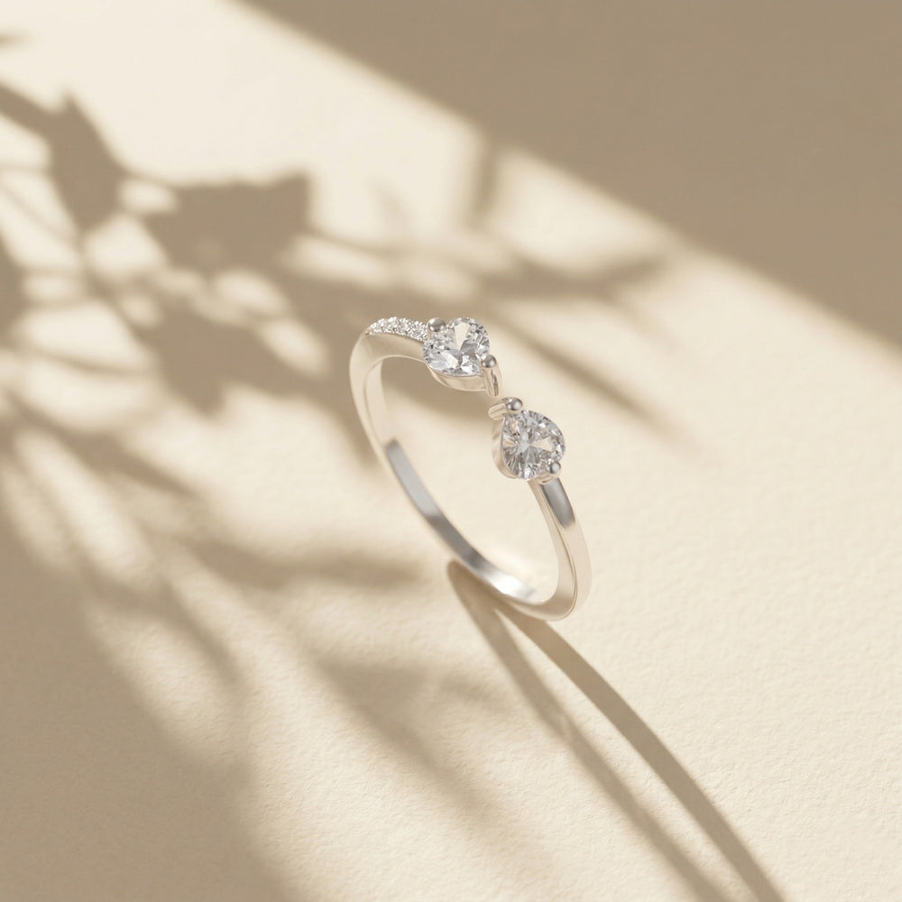 Silver Plated Double Heart Toi Et Moi Ring, Pave Zircon Heart Open Bypass Ring