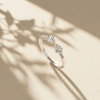 Silver Plated Double Heart Toi Et Moi Ring, Pave Zircon Heart Open Bypass Ring