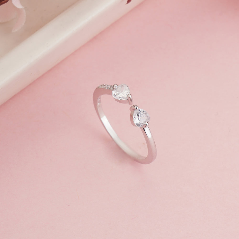 Silver Plated Double Heart Toi Et Moi Ring, Pave Zircon Heart Open Bypass Ring
