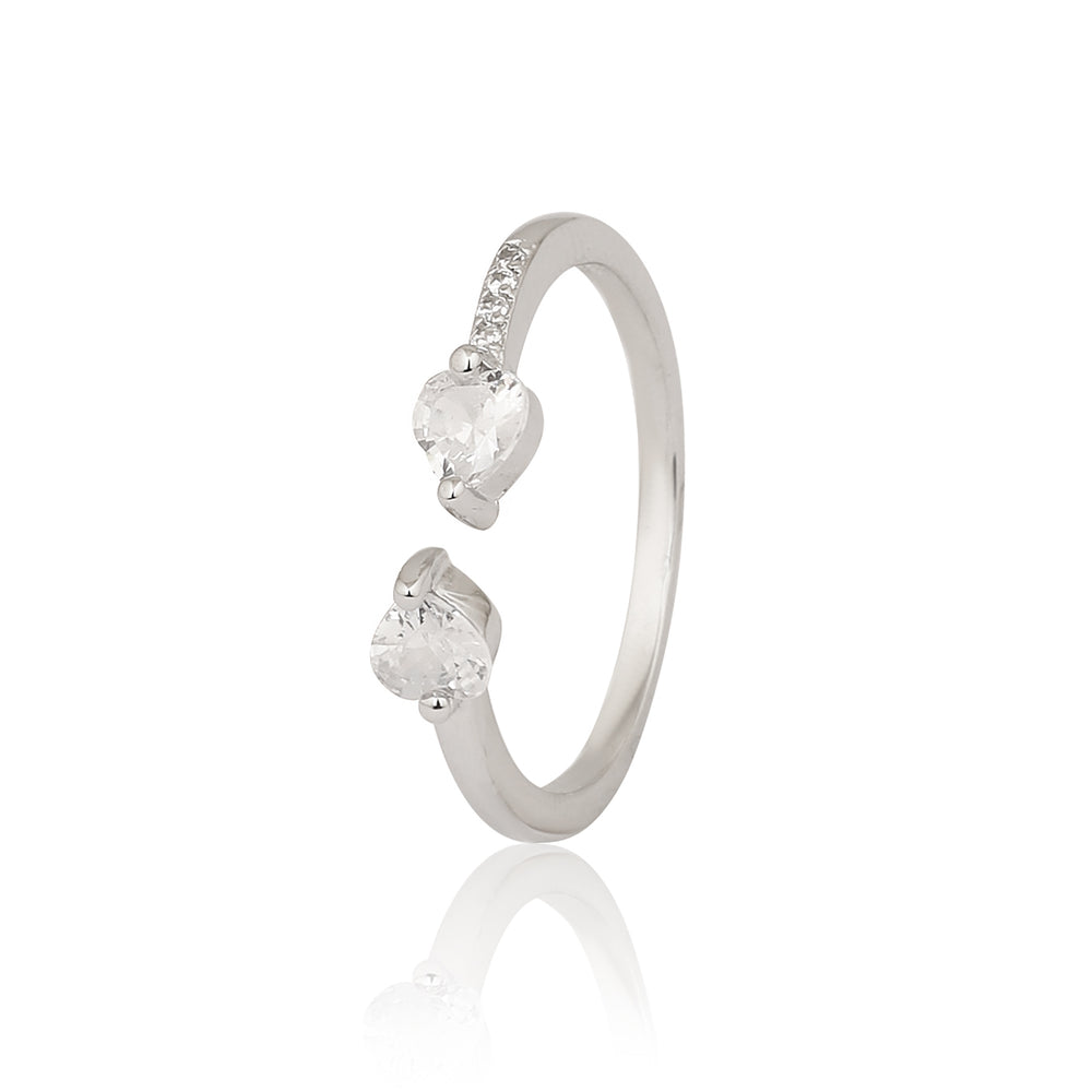 Silver Plated Double Heart Toi Et Moi Ring, Pave Zircon Heart Open Bypass Ring