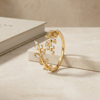 Gold Plated Zircon Double Vine Leaf Ring, Adjustable Olive Branch Bypass Ring