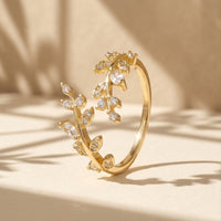 Gold Plated Zircon Double Vine Leaf Ring, Adjustable Olive Branch Bypass Ring